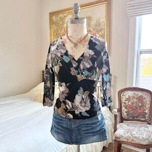 Black floral top  Y2K Studio black floral wrap style blouse petite small